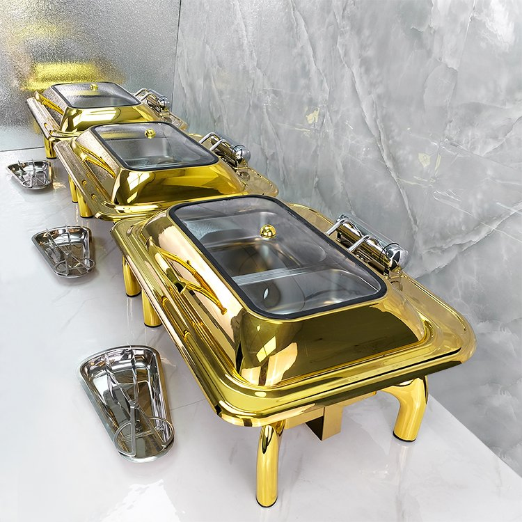 Arabic Hotel 9L Retangular Gold Buffet Stove Buffet Luxury Food Warmer Stainless Steel Chafing Dish for Catering