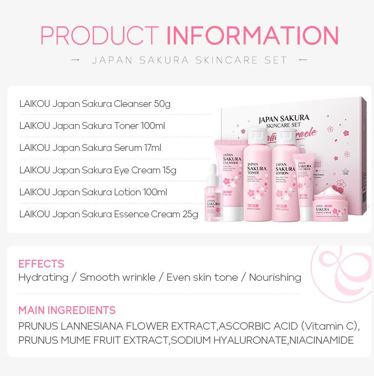 Online Wholesale Ready to Ship Sakura 6PCS Best Skin Care Set Products Improve Wrinkle Rough Skin Cleanser Toner Serum Eye Cream Face Essence Cream