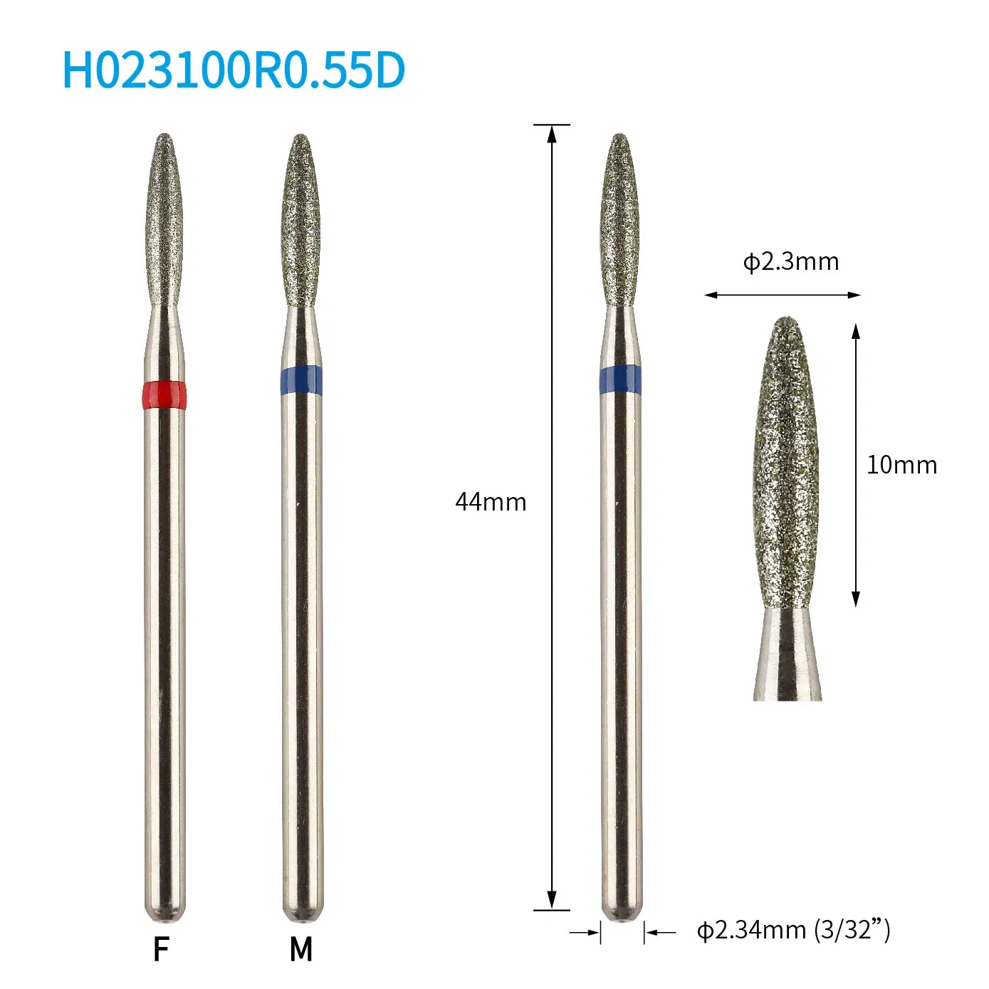 Professional Nail Beauty Tool 2.35mm Stainless Steel Shank 2.3mm Dia Flame Diamond Nail Drill Bits