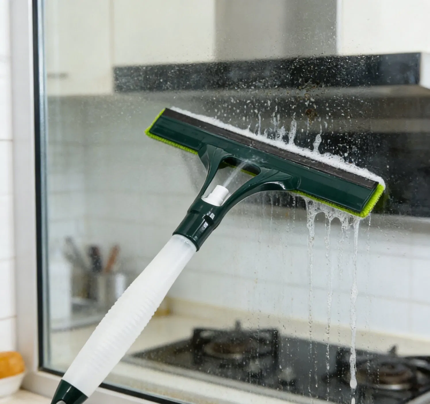 2-in-1 Spray Window Squeegee with Built-in Sprayer Multi-Surface Glass Cleaner for Bathroom, Shower & Car