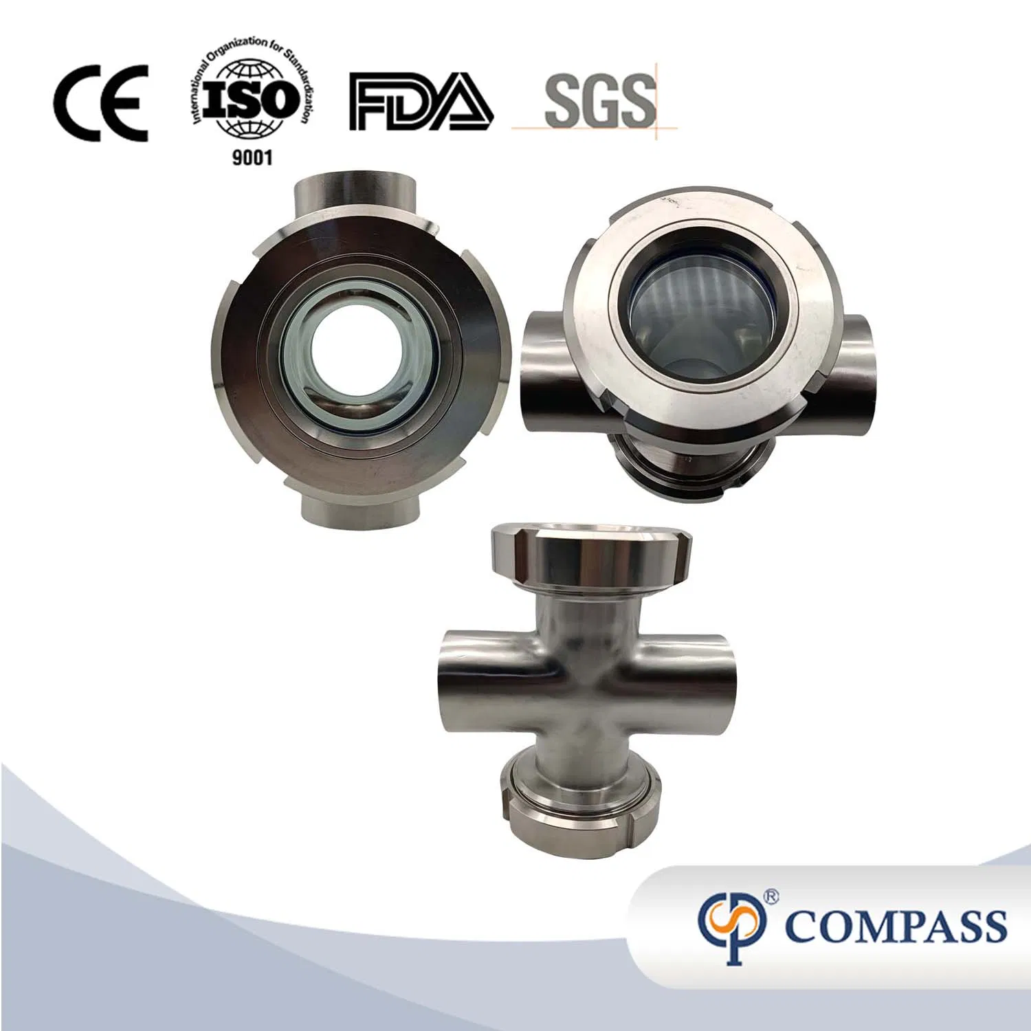 DN80 SS304 SS316L Sanitary Stainless Steel Union Type Four Way Cross Sight Glass with PTFE Gasket