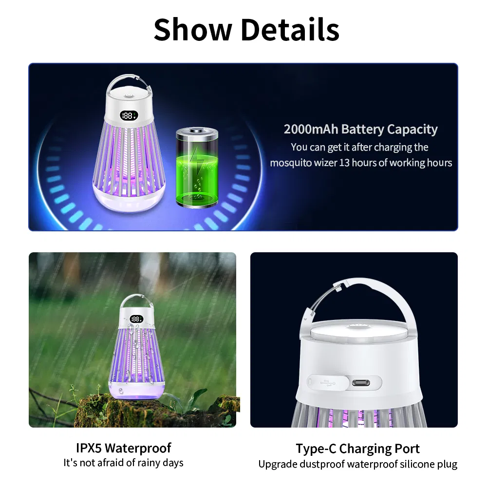 Mosquito Zapper Indoor Outdoor Waterproof LED Rechargeable High Powered Electric Mosquito Killer