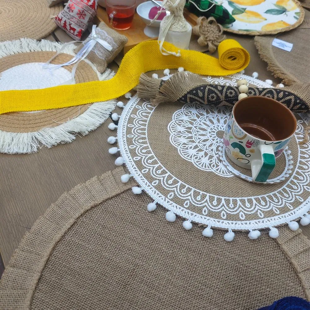 Farmhouse Round Jute Placemats with Fringe for Table Decorations 38cm