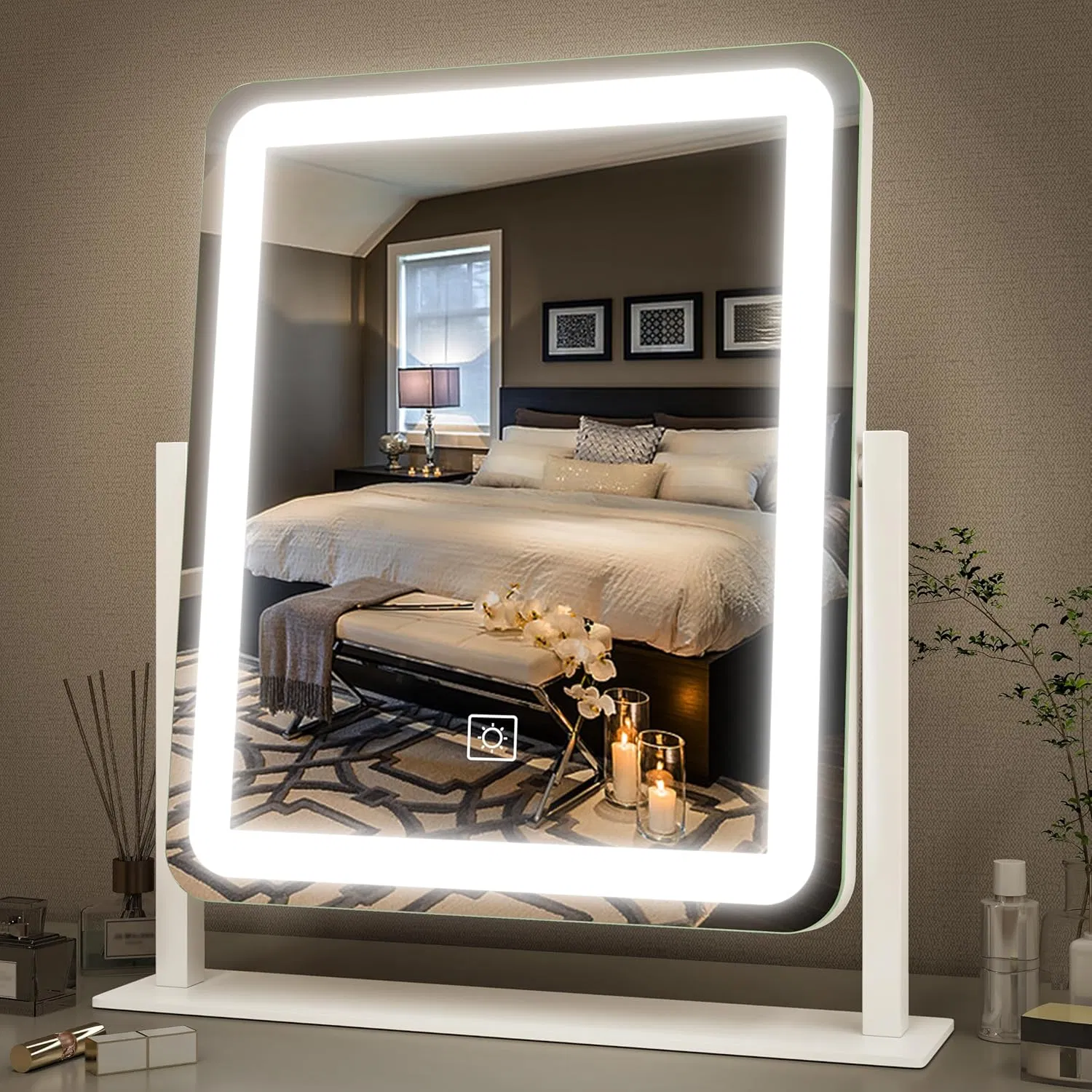 Vanity Bathroom Mirror Wholesale LED Lighted Makeup Mirror Large Touch Screen with 3-Color Lighting Dimmable for Tabletop Bedroom