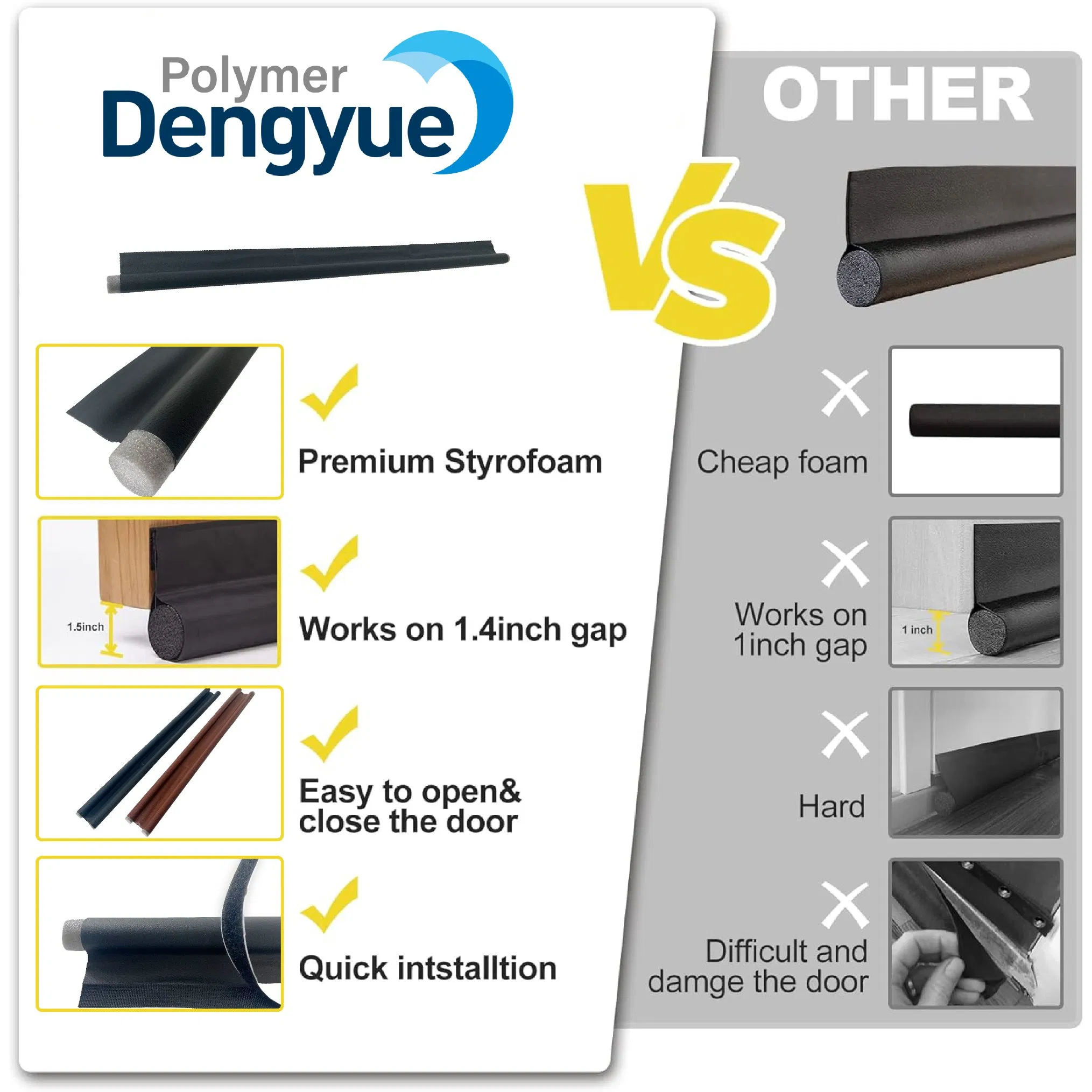 for Any Floor and Door, Never Stuck Twin Side Door Draft Stopper