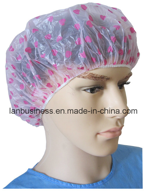 Disposable PE Shower Cap with Heart-Shaped in Pink