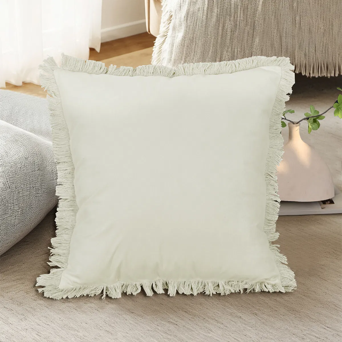 Decorative Cotton Linen Solid Color Cushion Cover Faxu Tassel Throw Pillow Covers