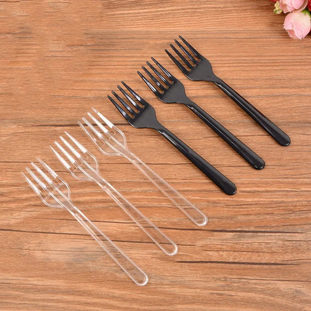 Disposable Plastic Cake Fork for Dessert Disposable Transparent Black Fruit Birthday Decor Tableware