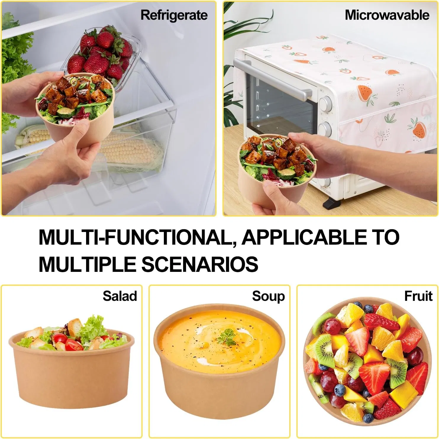 Kraft Paper Bowls, Disposable Soup/Salad Serving Bowls, Large Paper Bowls, Anti-Spill and Anti-Oil Soup Bowls, Disposable Food Containers for Hot/Cold Food