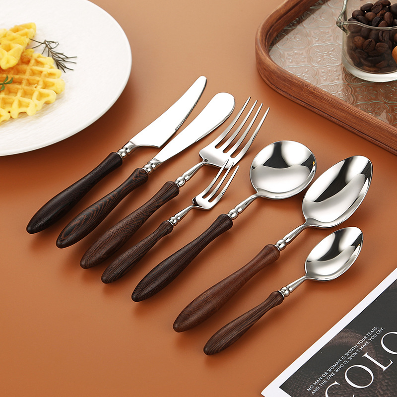 Round Handle 304 Stainless Steel Walnut Knife, Fork and Spoon. Hotel Restaurant Rosewood Western Cutlery, Dessert Spoon and Tableware.