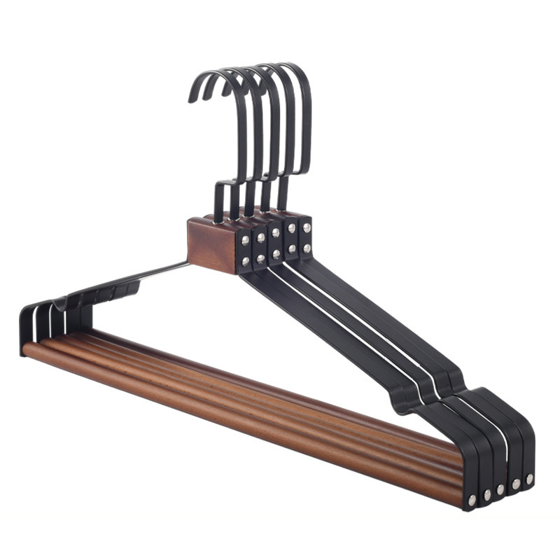 Solid Wood and Iron Combination Hanger Metal Wide Shoulder Seamless Flat Hook Clothes Hanger