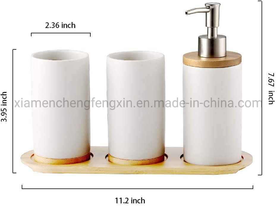 4 Piece Ceramic Bathroom Accessories Set, Includes: Soap Dispenser Pump, Toothbrush Holder, Tumbler and Wooden Tray
