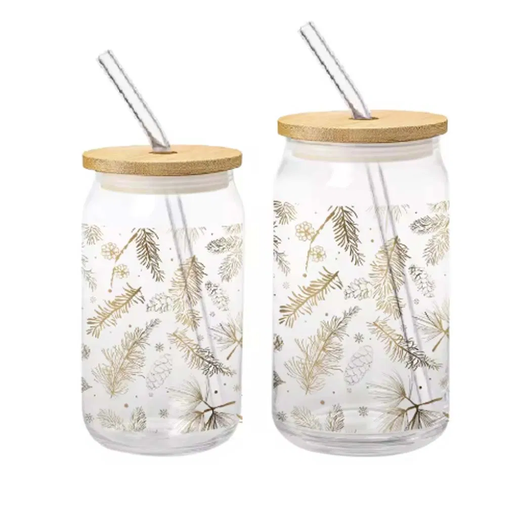 Sublimation Glass Beer Can with Bamboo Lid and Straw Mix Sizes