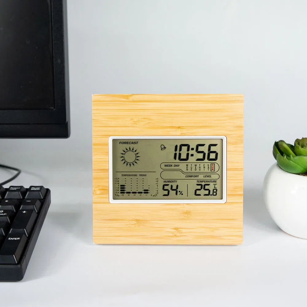 Digital Big LCD Thermometer Hygrometer Clock with Weather Station in Bamboo