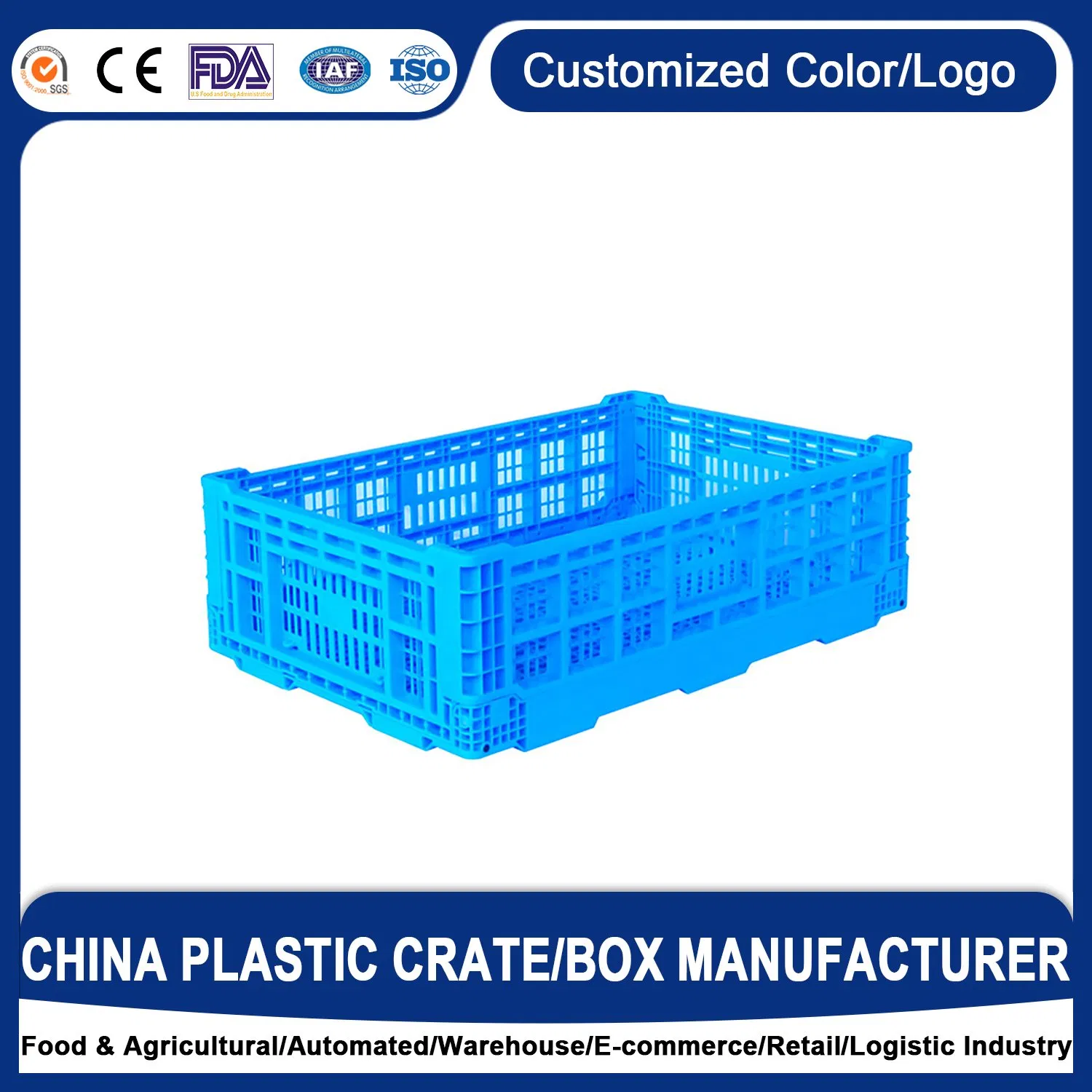 Factory Supply 600*400mm Polypropylene Folding Agriculture Vegetable Storage Food Collapsible Storage Food Box Vented Foldable Plastic Crate for Supermarket