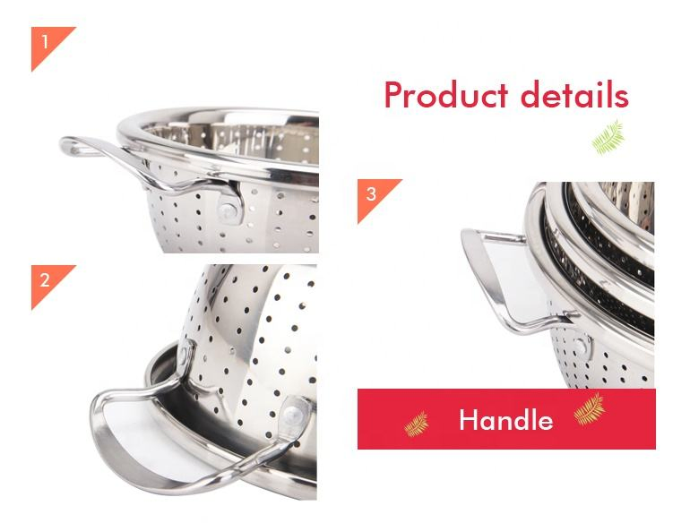 Wholesale Full Size Strainers Kitchen Stainless Steel Rice Colander with Handles