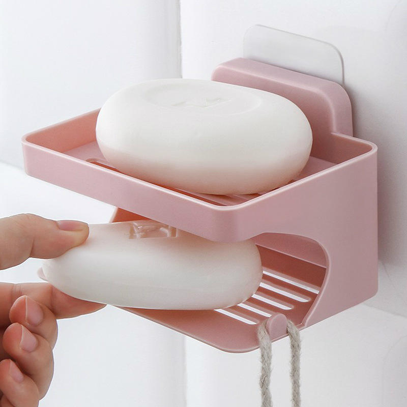 Double Layer Soap Seamless Adhesive Wall Mounted Waterproof Drain Rack Bathroom Plastic Storage Box