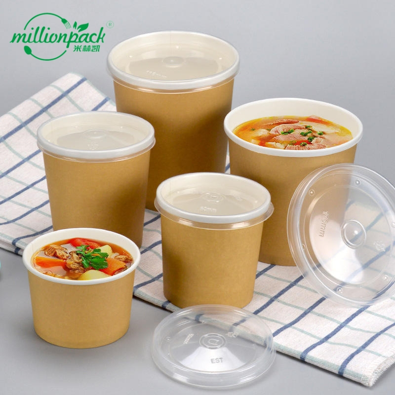 Kraft Paper Food Container with Lid for Soup Salad Packaging