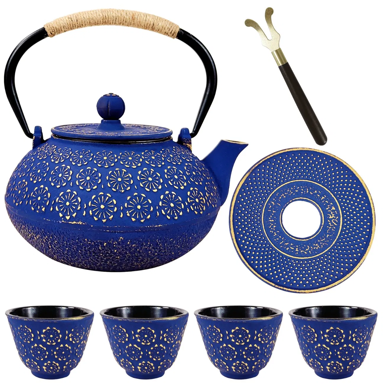 32 Oz 6 Piece Set Japanese Cast Iron Teapot Set Japanese Tetsubin Kettle Set with Infuser, 4 Teacups, Cap Lifter and Trivet