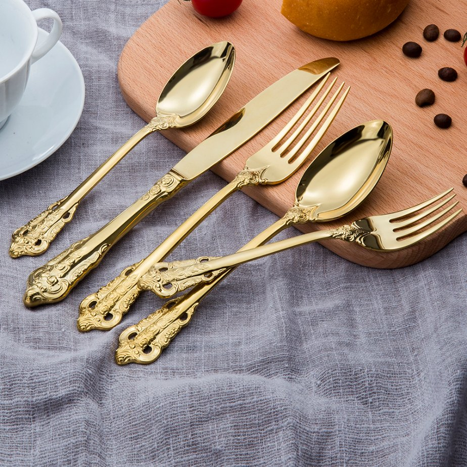 Luxury Gold Flatware Wedding Cookware Stainless Steel Dinner Cutlery Colour Utensils
