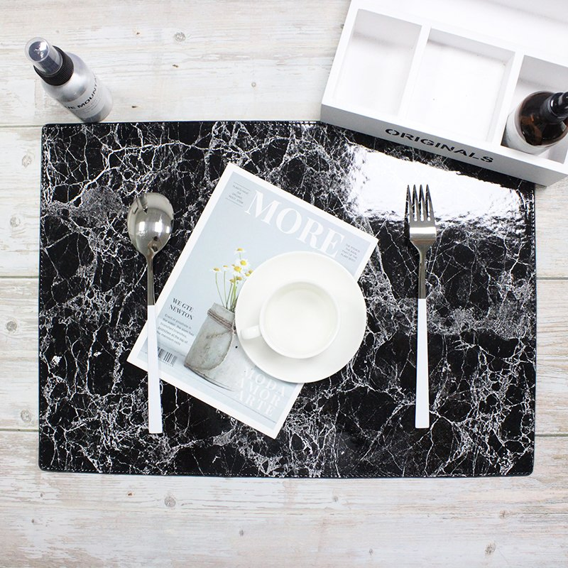 Premium Quality Large Black Marble Dining Table Mat Fadeless Printed Speed PU Placemat/Deskpad Custom Plate Mat Stock Available