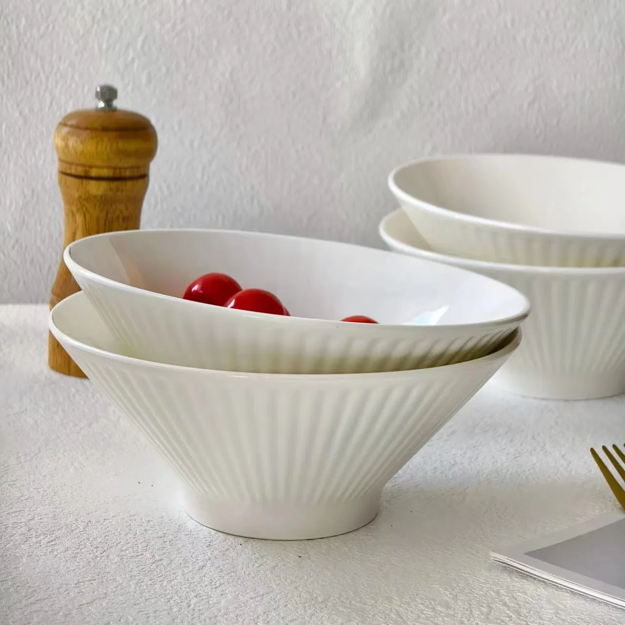 8"Salad Food Soup Bowl White Body with Emboss Ceramic Porcelain Tableware