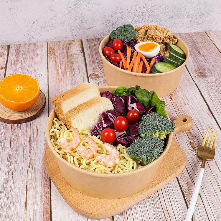 Lunch Box Food Paper Bowl 25oz Kraft Round Disposable Paper Food Container with Clear Lids