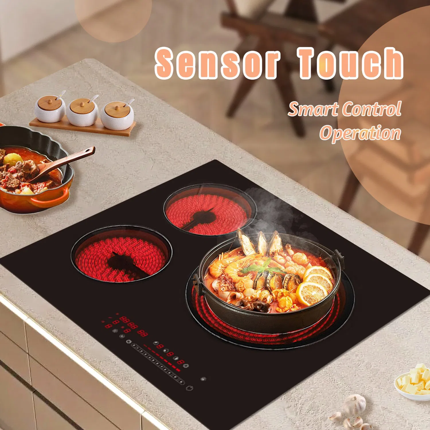 24 Inch Electric Cooktop, 3 Burner Built-in Radiant Stove Top, Stainless Steel Frame, Dual Zone Ceramic Glass Hob, Touch Slide Control, 9 Power Levels, Timer