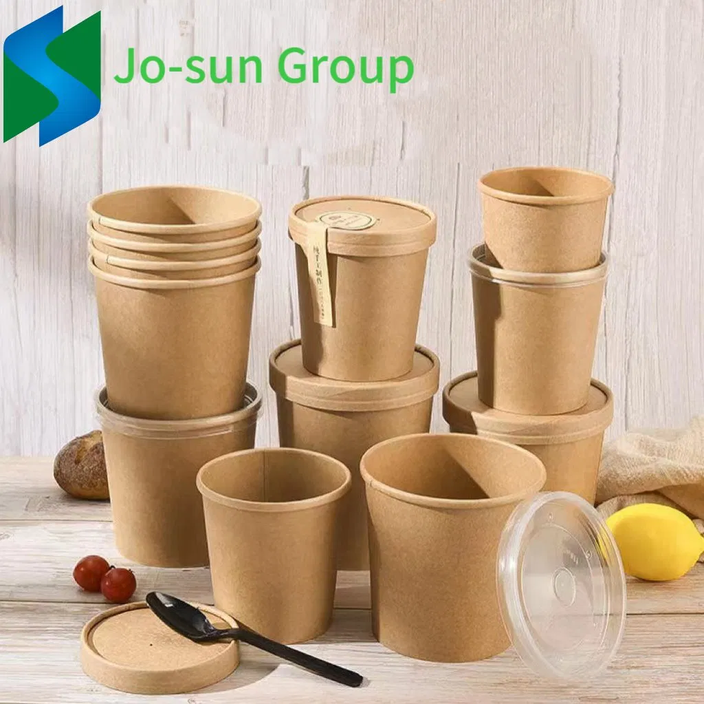Jo-Sun Disposable Kraft Paper Soup Cup with Paper Lid Lunch Packing Takeout Food Packaging Bucket