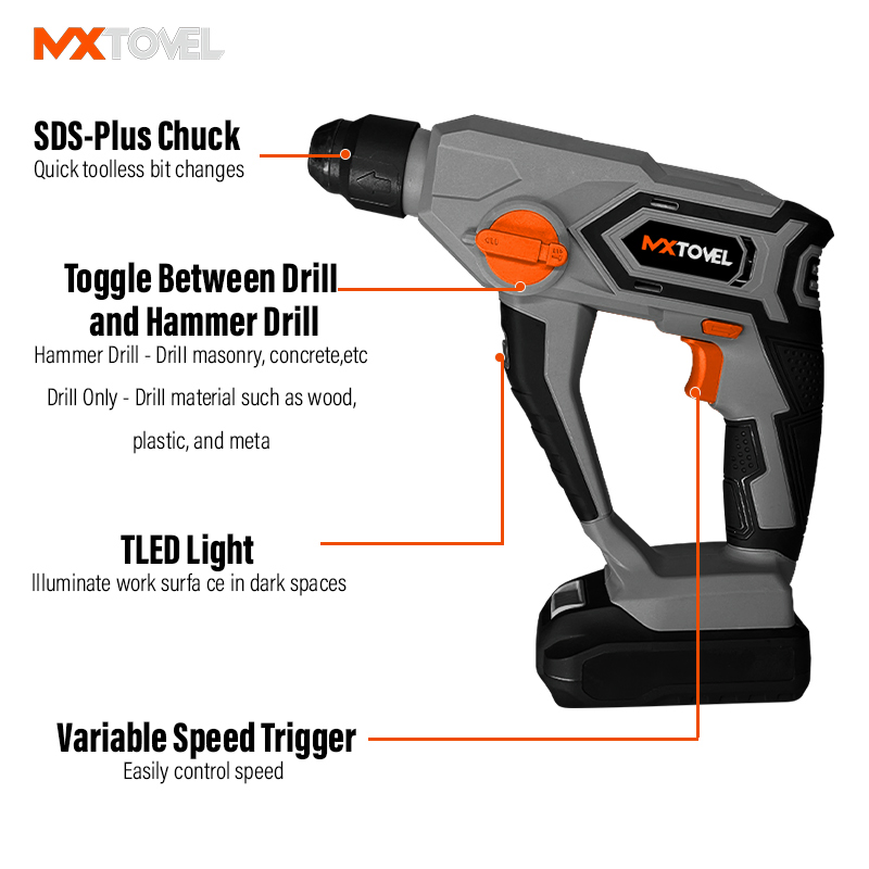 Rechargeable Li-ion Battery Cordless Power Tools Electric Rotary Hammer Drill