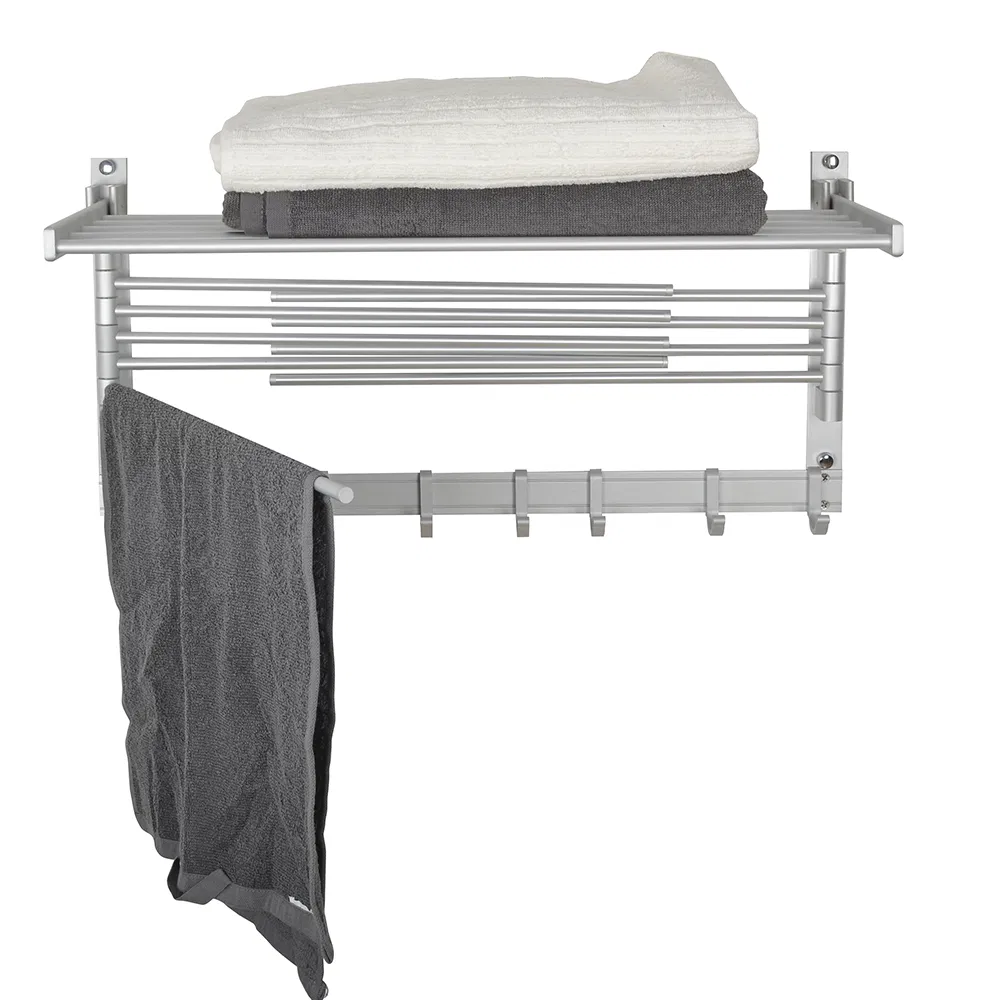 Silver Hotel Wall Mounted Aluminum Towel Shelf Bathroom Towel Racks with 8 Hooks 24inch