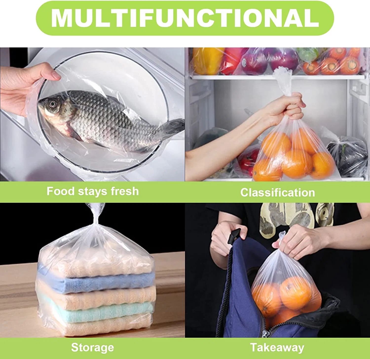 Factory Eco-Friendly Green Clear Plastic Produce Bag Food Packaging Storage Bags for Vegetables Bread Fruits and Meat on a Roll
