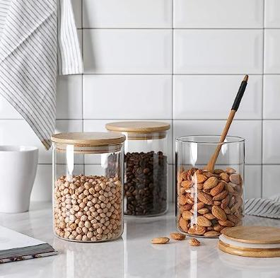 Kitchen Container Round Cookie Jars with Airtight Bamboo Lid Tea Glass Food Storage Container