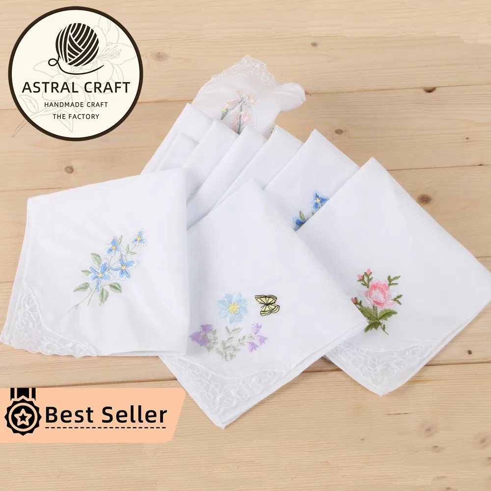 Custom 28cm Embroidered Cotton Handkerchief Cartoon White Dinner Lace Linen Napkins
