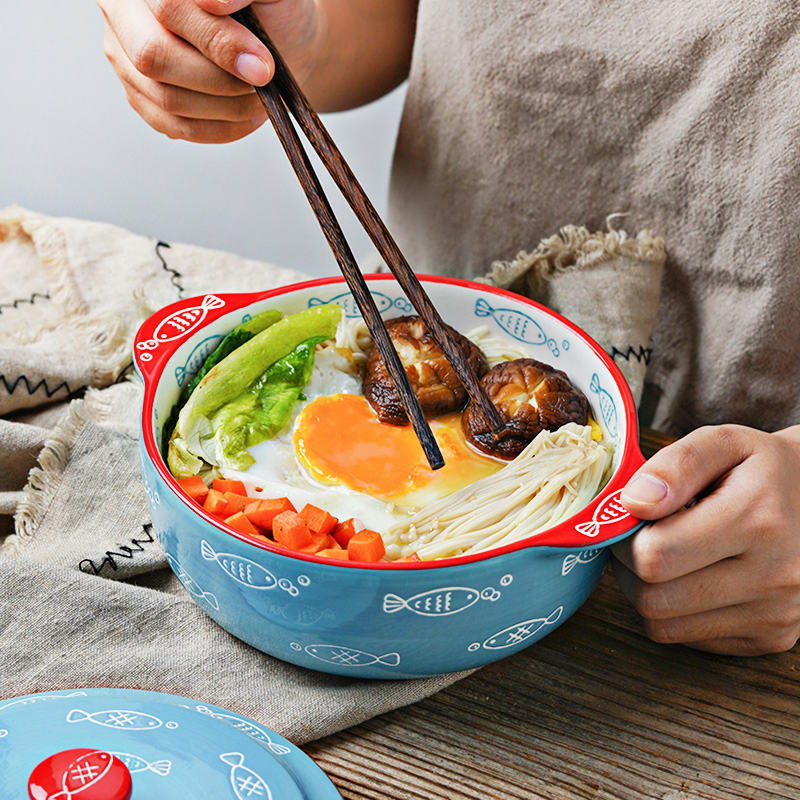 Ceramic Tableware Japanese Style with Double Ears Soup Noodle Bowl
