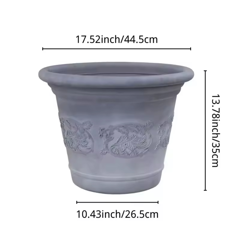 China Manufacturer Engraved Pattern Plastic Garden Pot Lightweight Faux Ceramic Style