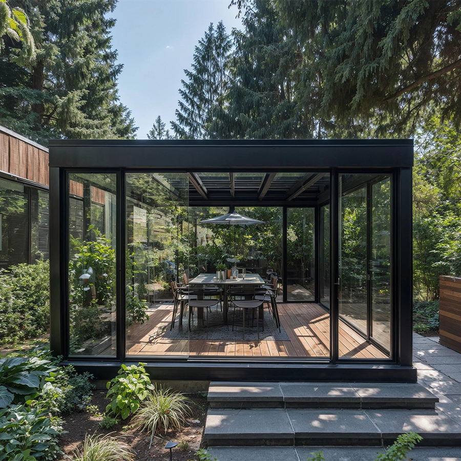 Custom 4 Season Aluminum Frame Glass Villa Courtyard Flat Roof Tempered Glass Design Greenhouse Sunroom