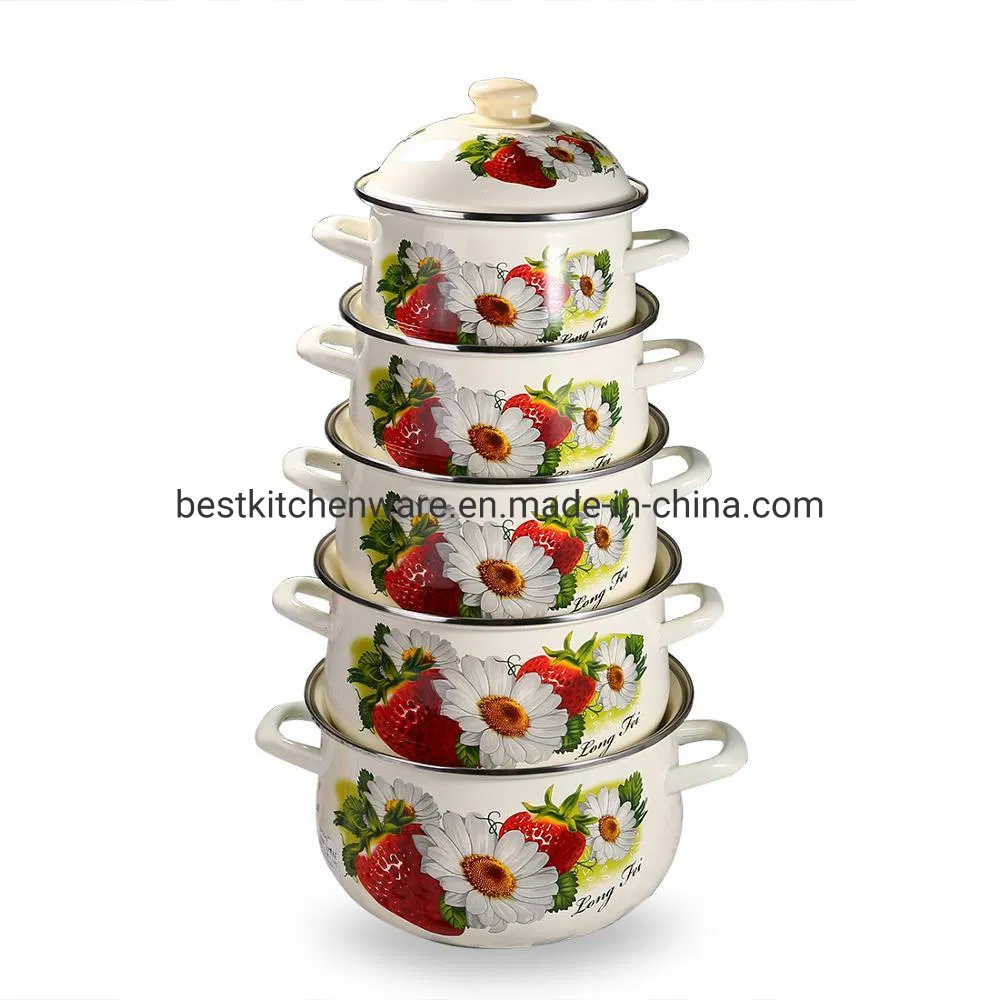 High Quality 5PCS Double Side Flower Print Enamel Cookware Set