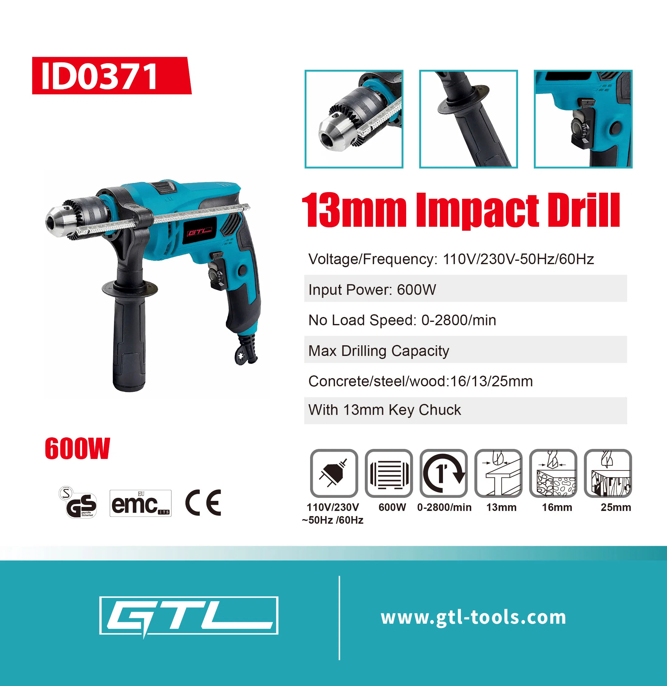 600W 230V Impact Drill 13mm Rotary for Electric Power Tools (ID0371)