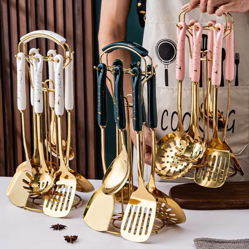 New Arrivals 7PCS Stainless Steel Kitchenware Set Kitchen Accessories Utensils Cooking Tools with Ceramic Handle