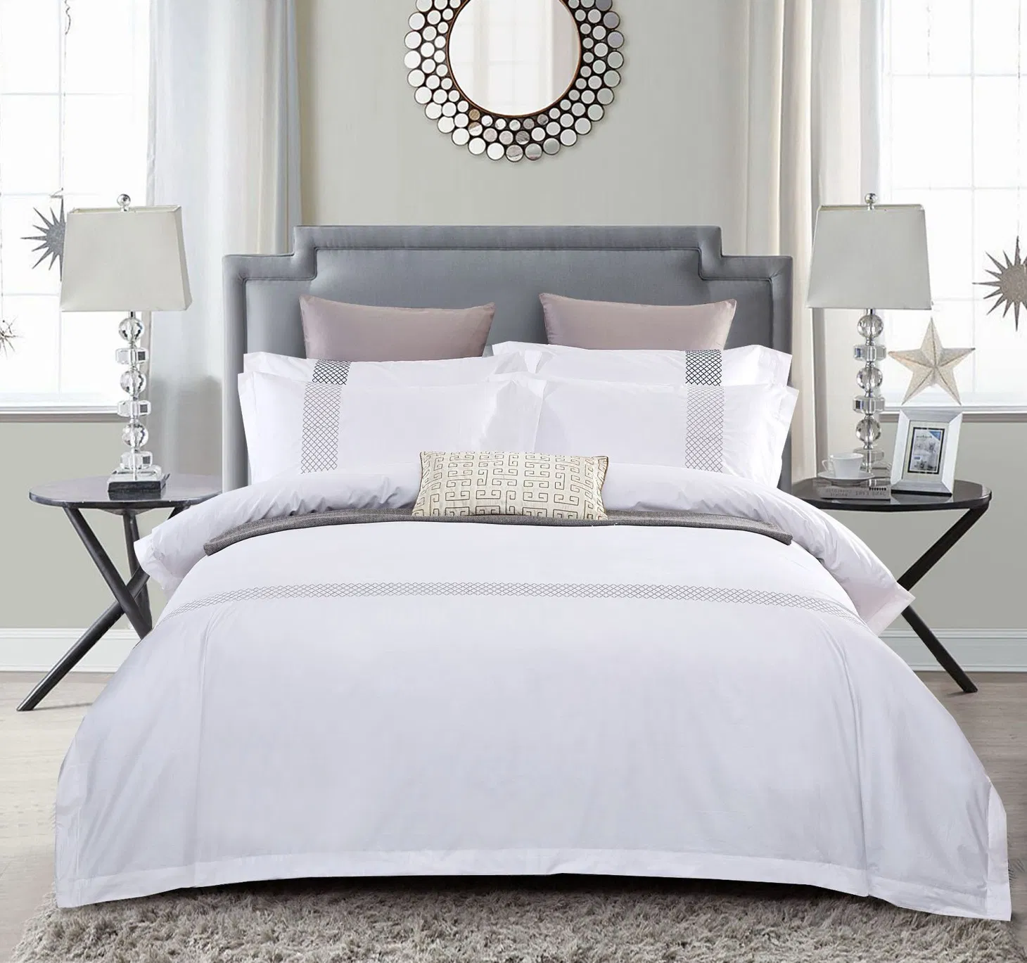 OEM/ODM Textile 5 Star Hotel Luxury Bedding Set White Pillowcases Colored Embroidery 100%Cotton Sheet Hotel Bed Linen Flat Sheet Wholesale Bedding