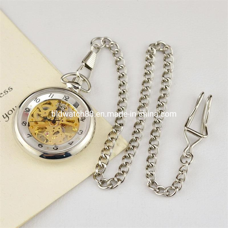 Best Open Face Mens Silver Quartz Pocket Watch with Chain