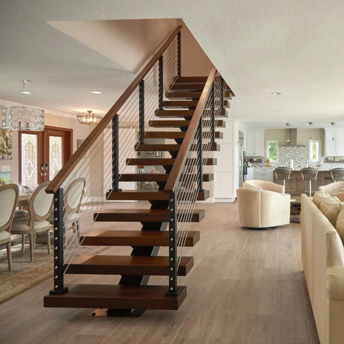 American Villa Indoor Black Walnut Wood Single Stringer Stairs