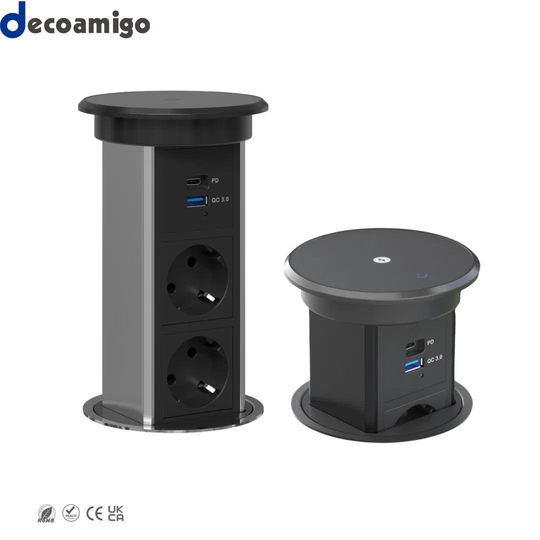 Decoamigo Pop up Lifting Socket with USB Type a+C and Top Wireless Charge for Kitchen Worktop Outlet Electric Lift Socket IP54