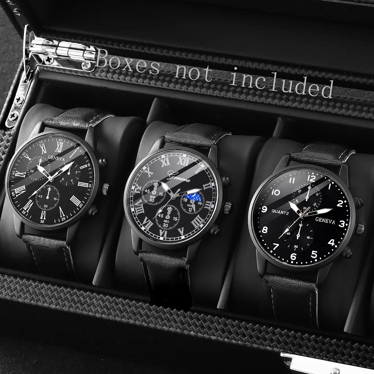 3PCS Black Men Gift Watch Set PU Leather Watch Strap Simple
