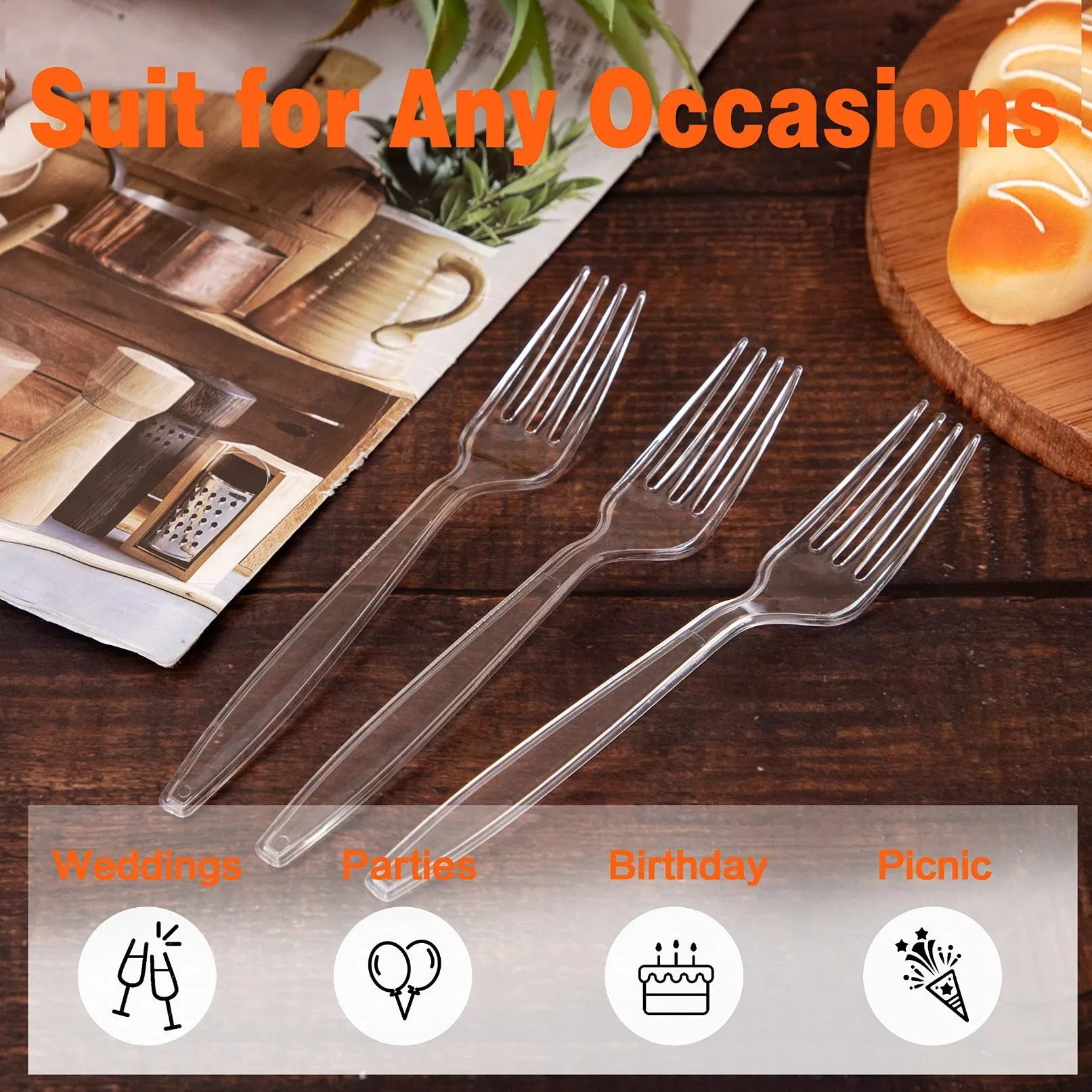10PCS Wholesale Clear Plastic Disposable Forks Heavy Duty Clear Cutlery Forks