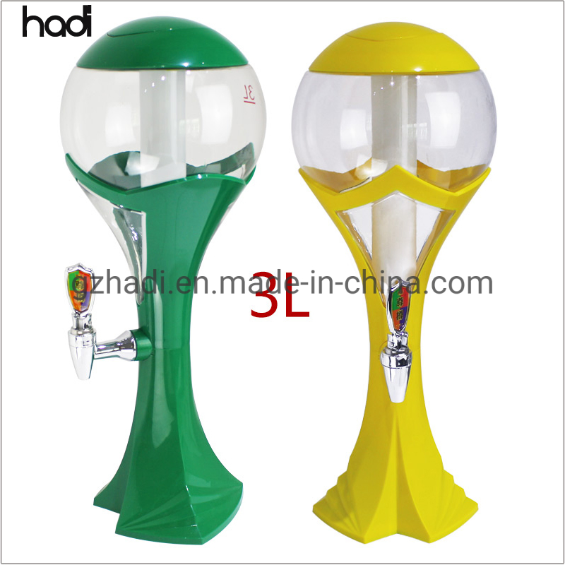 Hadi Factory Wholesale Restaurant Draft Beer Tower Dispenser Commercial Bottoms up Beer Dispenser 3 Liter Table Top Golden Beer Dispenser Cooler with LED