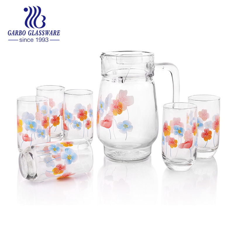 Wholesale 7 Pieces Glassware Set, Floral Decor Glass Pitcher and Tumbler Set Drinking Glassware Set