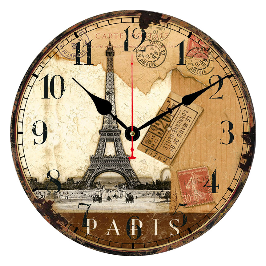 34cm Retro Vintage Clock Eiffel Tower Pattern Style Silent Wooden Wall Clock Quartz Battery Operated Decor Retro Design Clock for Kitchen/Living Room/Bed Room