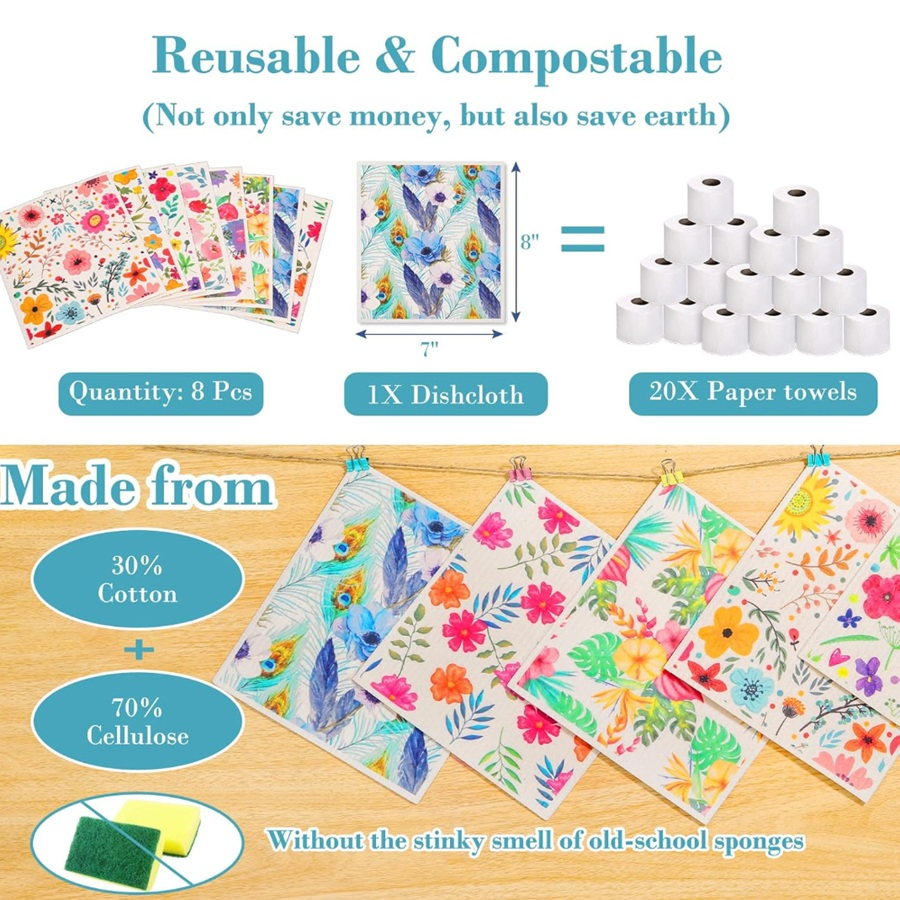 High Quality Swedish Kitchen Dishcloths Abstract Floral Absorbent Sponge Towel 4 PCS